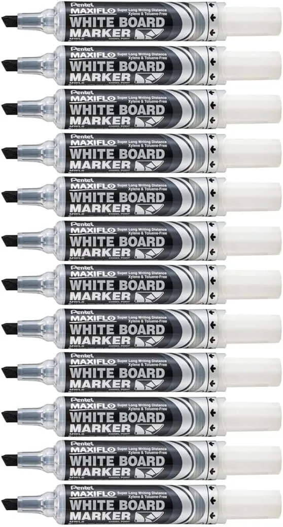 pentel-mwl6-maxiflo-marcatore-lavagna-bianca-punta-scalpello-nero-12-pz image 1