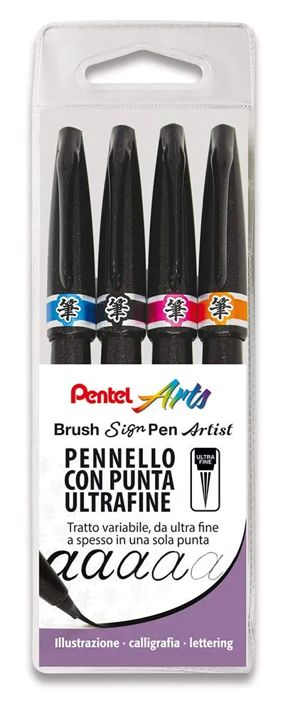 pentel-brush-sign-pen-artist-punta-a-pennello-extra-fine-set-4-pezzi-nero-aranci image 1