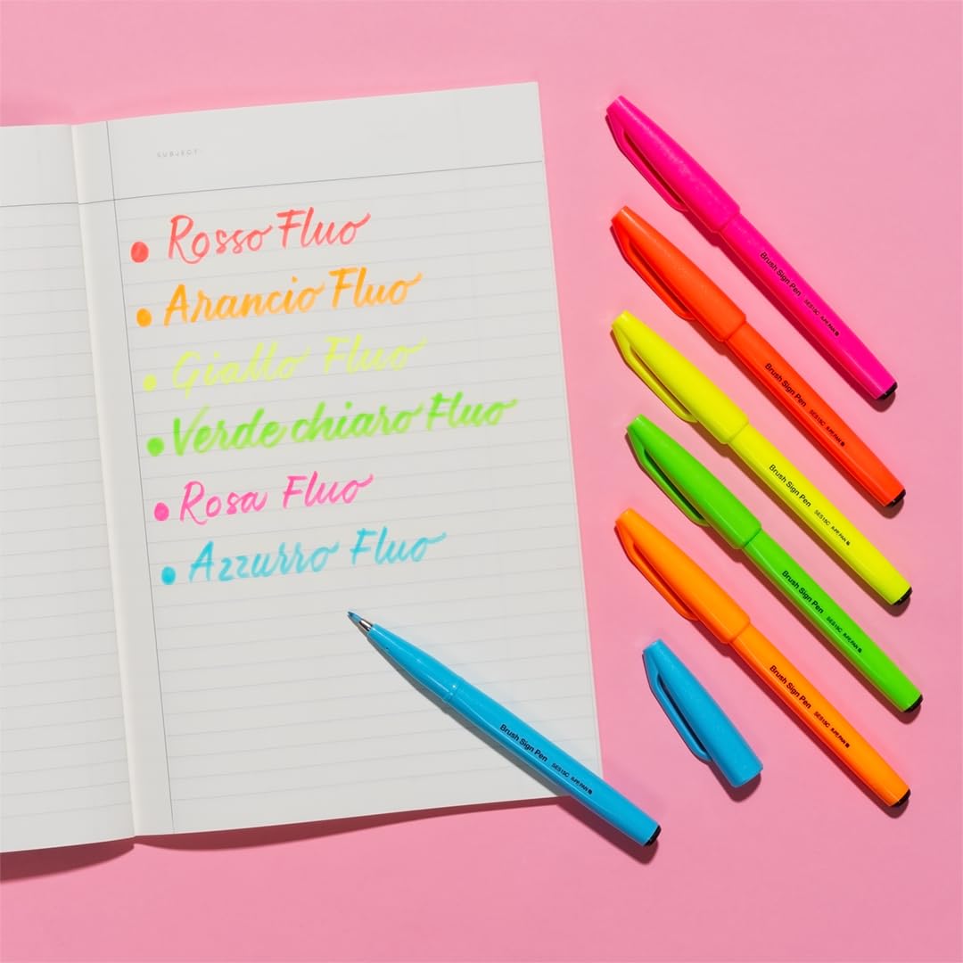 pentel-brush-sign-pen-ses15c-fluo-punta-flessibile-3-colori-fluorescenti image 2