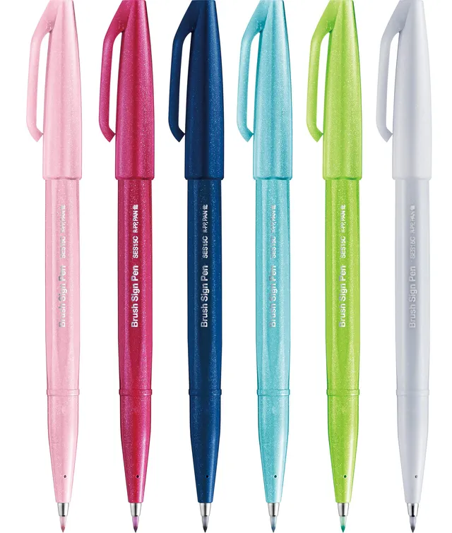 pentel-brush-sign-pen-ses15c-pennarelli-punta-flessibile-set-6-nuovi-colori-per- image 1