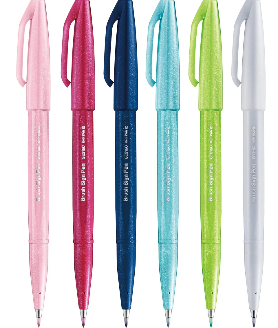 pentel-brush-sign-pen-ses15c-pennarelli-punta-flessibile-set-6-nuovi-colori-per- image 1