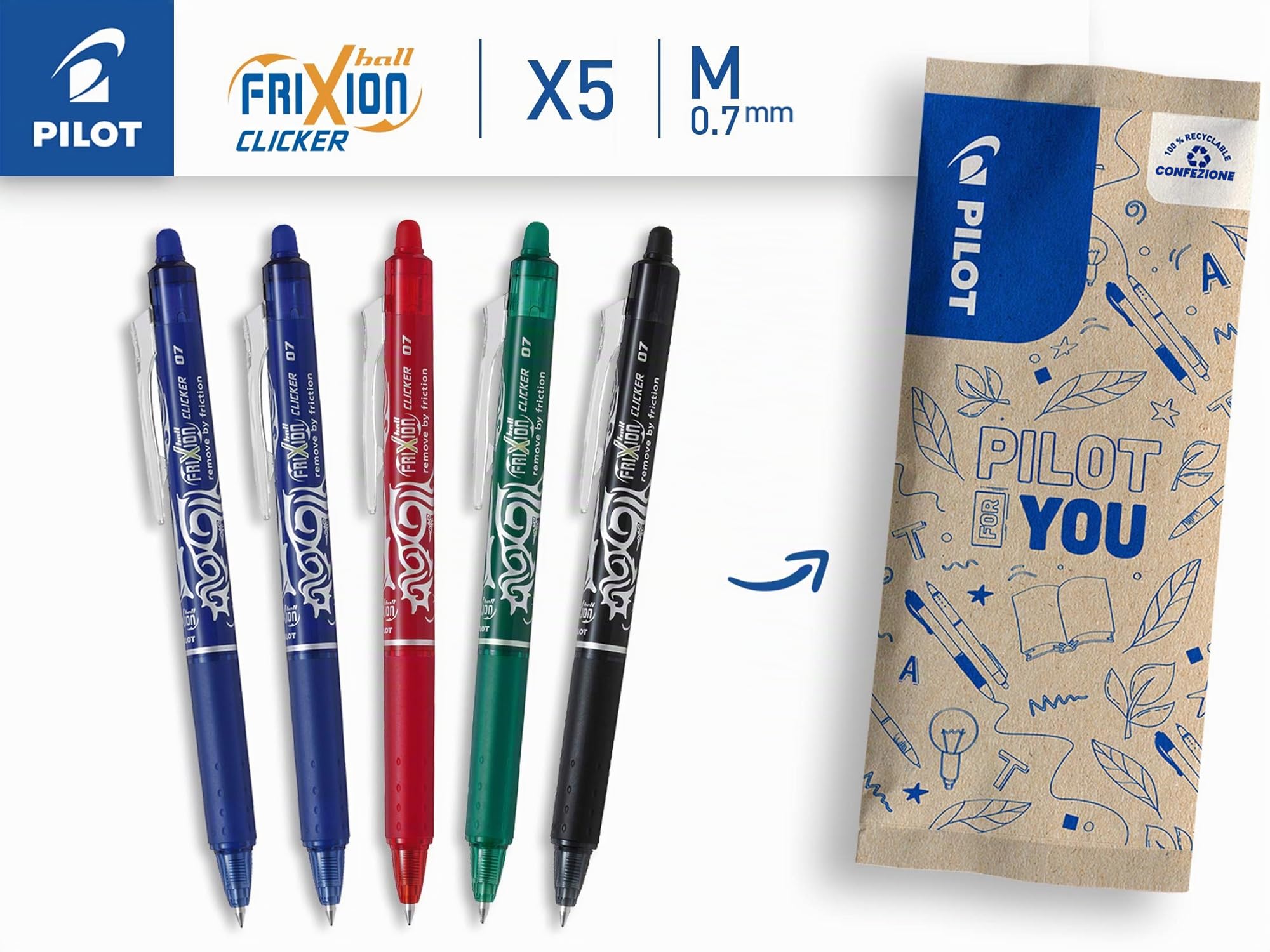 pilot-frixion-ball-clicker-0-7-set-5-penne-cancellabili-ricaricabili-nero-blu-ro image 2