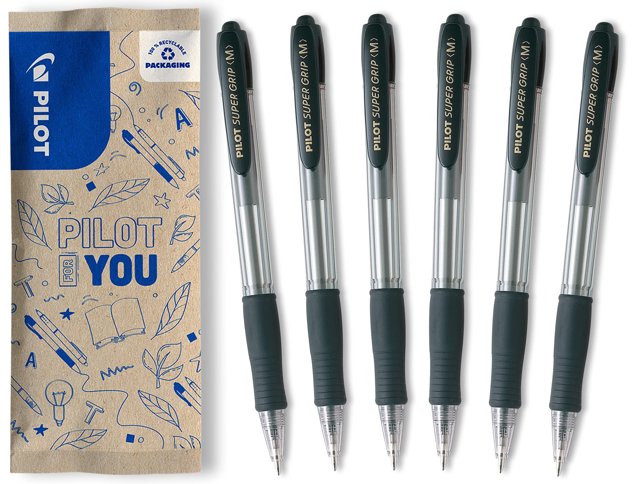 pilot-super-grip-penna-a-sfera-a-scatto-ricaricabile-nera-punta-media-set-6-pezz image 1