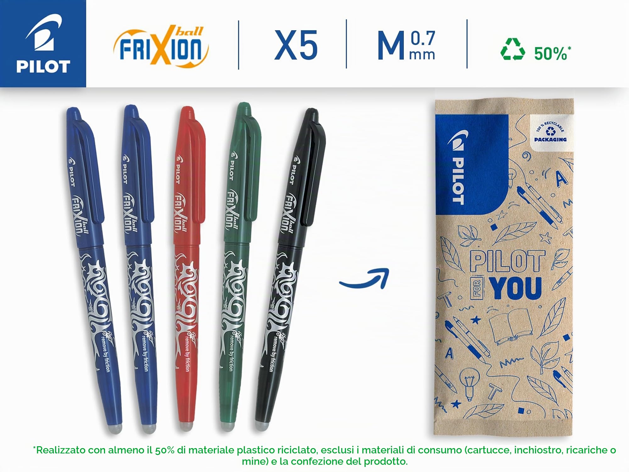 pilot-frixion-ball-penna-cancellabile-0-7-mm-pacco-da-5-2-blu-nero-rosso-verde image 2