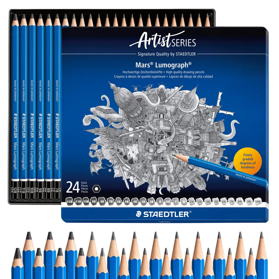 staedtler-mars-lumograph-100-matite-disegno-set-24-astuccio-metallo image 1