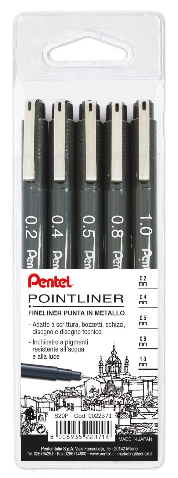 pentel-s20p-pointliner-fineliner-nero-5-punte-assortite-0-2-0-4-0-5-0-8-1-0-mm image 1