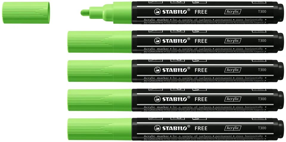 stabilo-free-acrylic-t300-verde-chiaro-2-3-mm-marker-acrilici-confezione-5-pezzi image 1