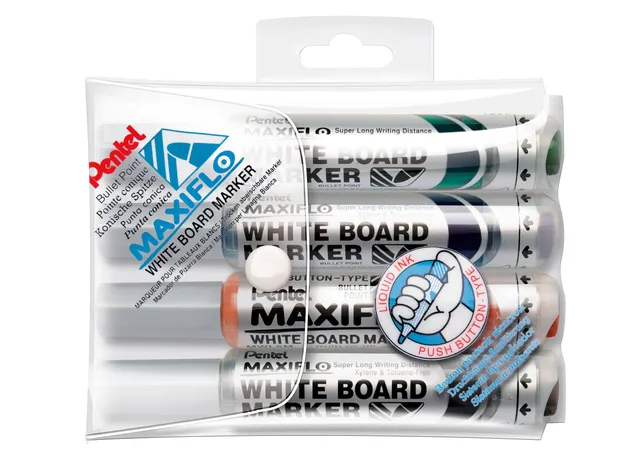 pentel-maxiflo-mwl5m-marcatore-lavagna-bianca-6-0-mm-4-pezzi-nero-rosso-blu-verd image 1