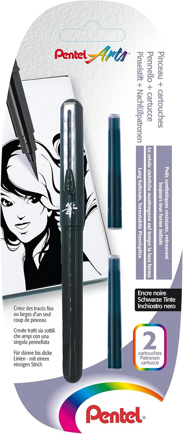 pentel-pocket-brush-pennello-fusto-nero-inchiostro-nero-2-ricariche image 1