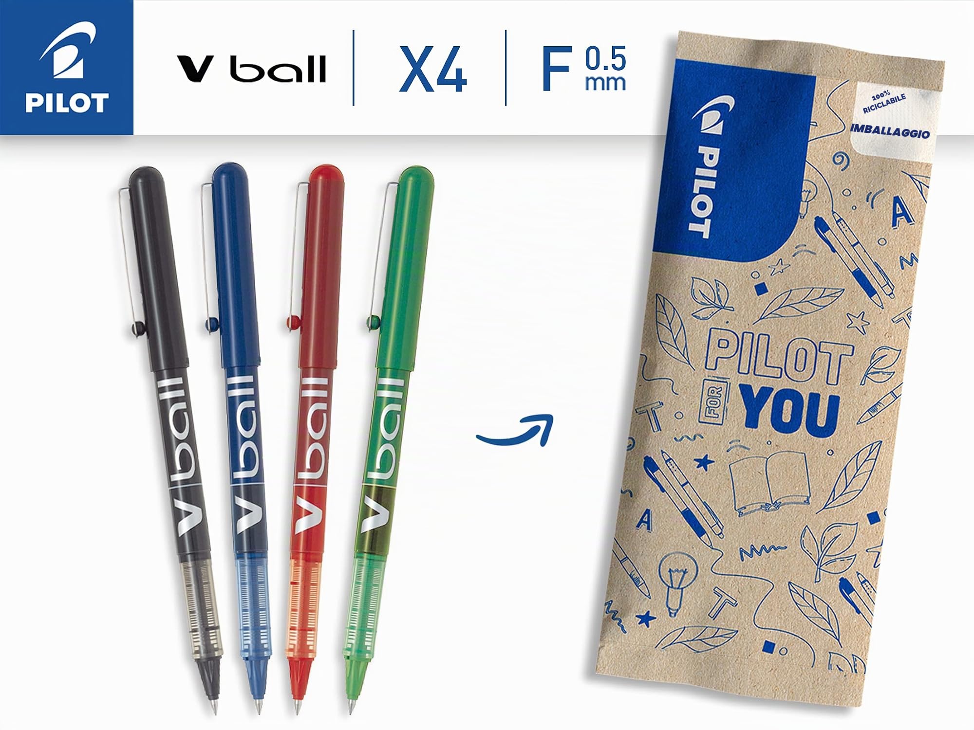 pilot-v-ball-05-penna-roller-inchiostro-liquido-punta-fine-0-5-mm-set-4-colori-n image 2