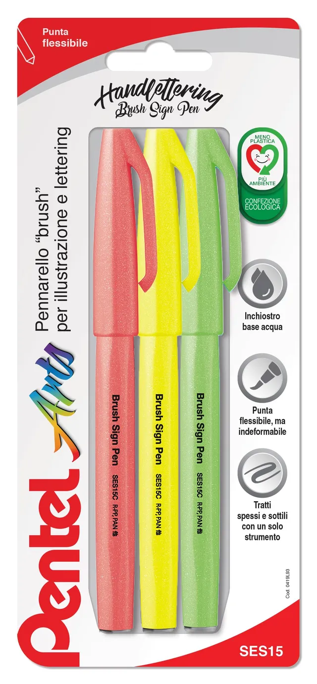 pentel-brush-sign-pen-ses15c-fluo-punta-flessibile-3-colori-fluorescenti image 1
