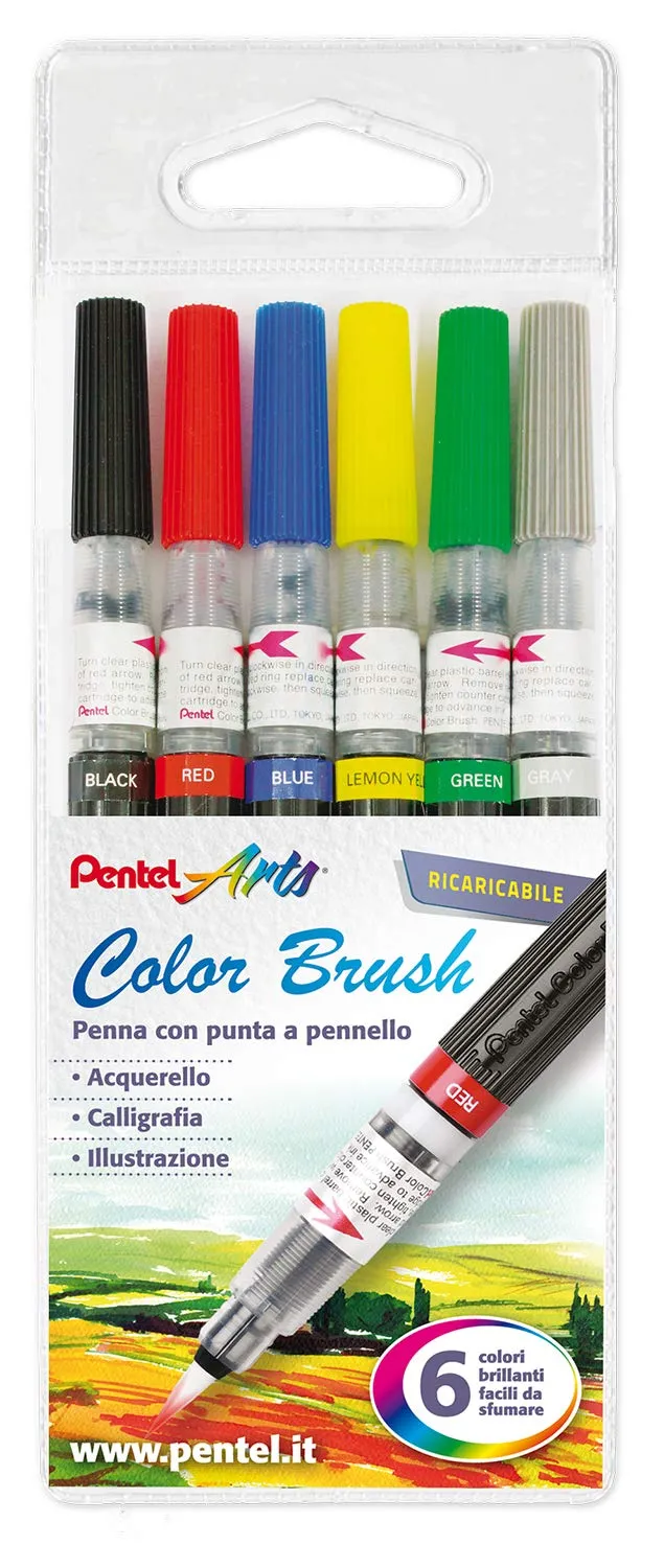 pentel-gfl-colour-brush-pennello-con-serbatoio-inchiostro-a-base-acqua-6-pezzi-c image 1