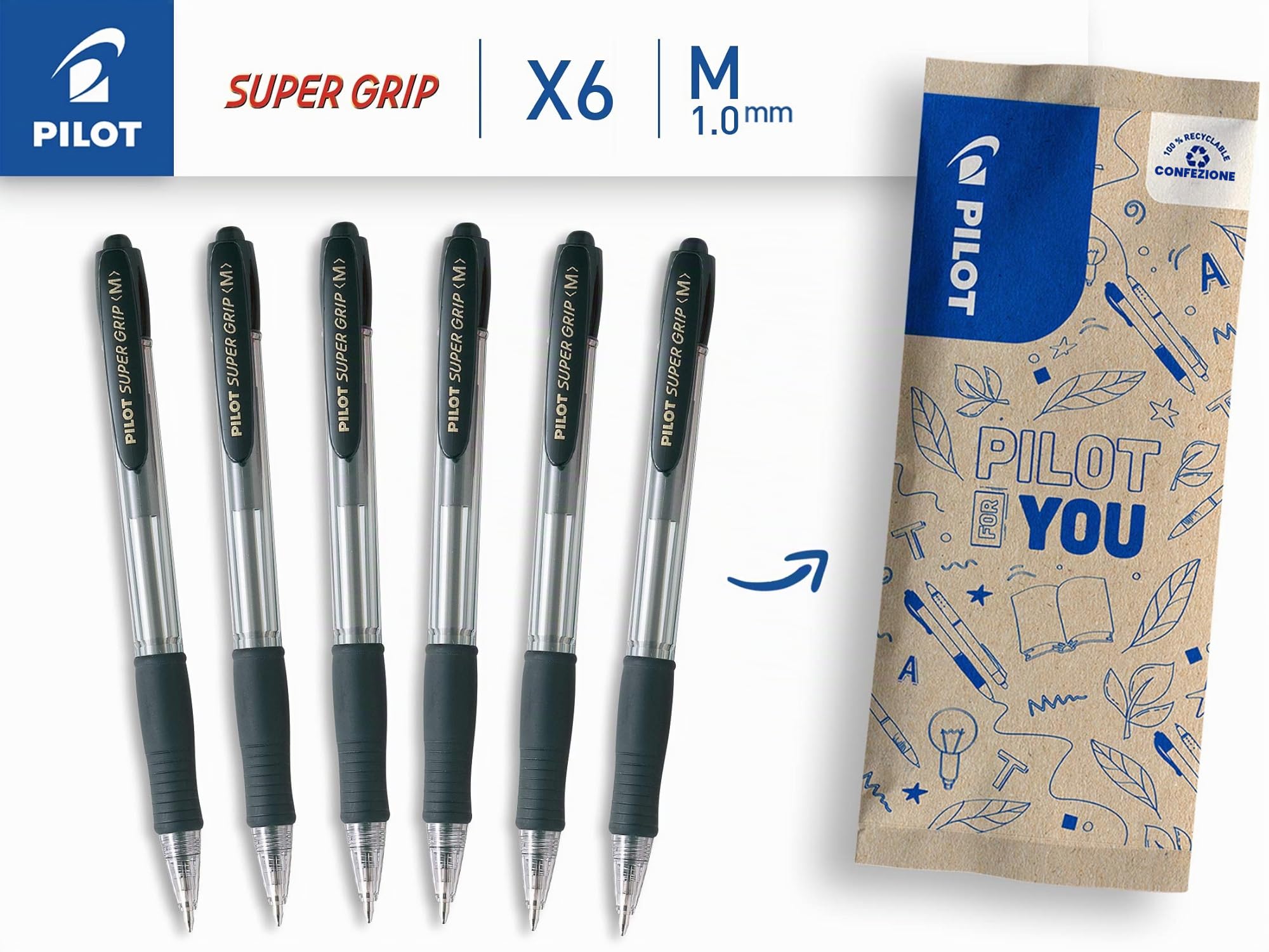 pilot-super-grip-penna-a-sfera-a-scatto-ricaricabile-nera-punta-media-set-6-pezz image 2