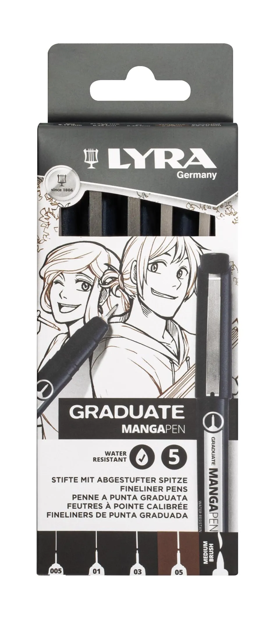 lyra-graduate-mangapen-fineliner-5-pz-nero-seppia-brush image 1
