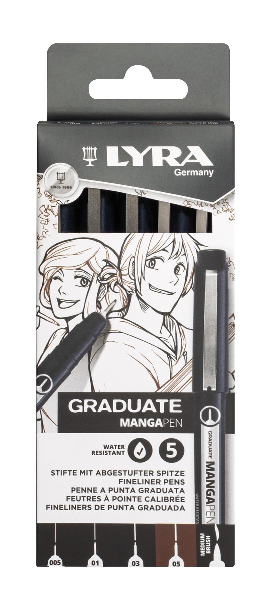 lyra-graduate-mangapen-fineliner-5-pz-nero-seppia-brush image 1