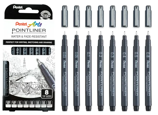 pentel-pointliner-s20p-fineliner-neri-set-8-punte-0-03-0-8-mm-pigment-liner image 1