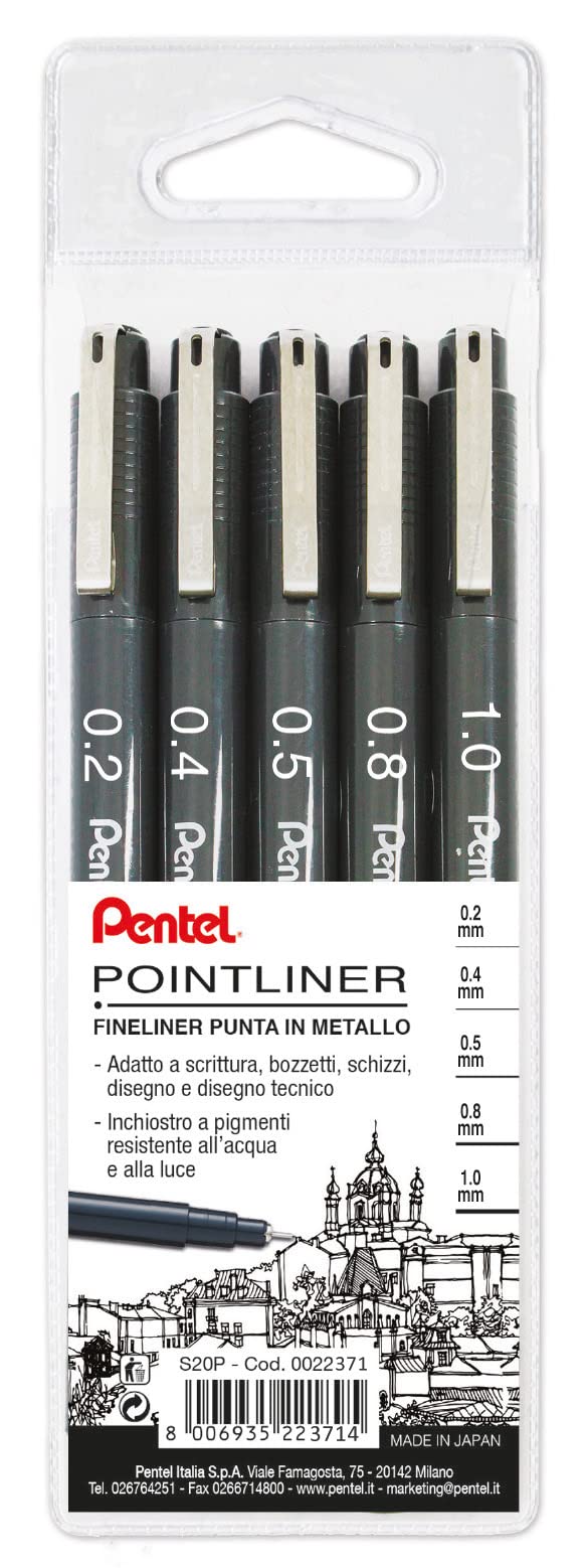 pentel-s20p-pointliner-fineliner-nero-5-punte-assortite-0-2-0-4-0-5-0-8-1-0-mm image 1