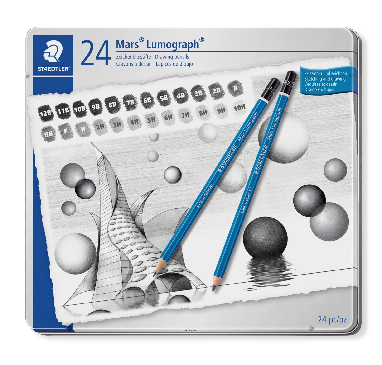 staedtler-mars-lumograph-100-matite-disegno-set-24-astuccio-metallo image 4