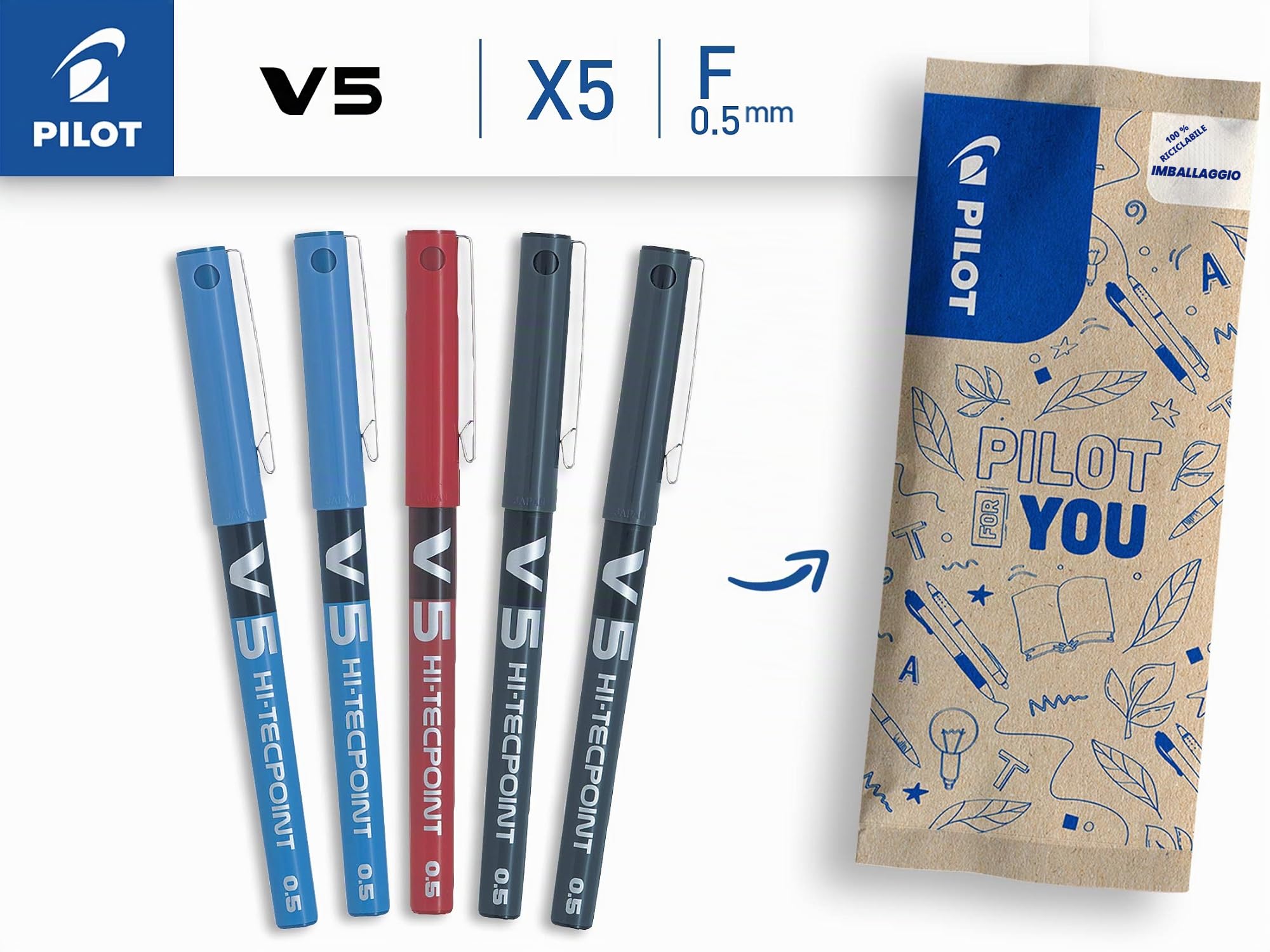 pilot-v5-hi-tecpoint-penna-roller-punta-fine-0-5-mm-set-5-pezzi-nero-blu-rosso image 2
