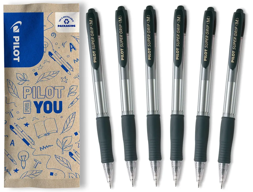 pilot-super-grip-penna-a-sfera-a-scatto-ricaricabile-nera-punta-media-set-6-pezz image 1