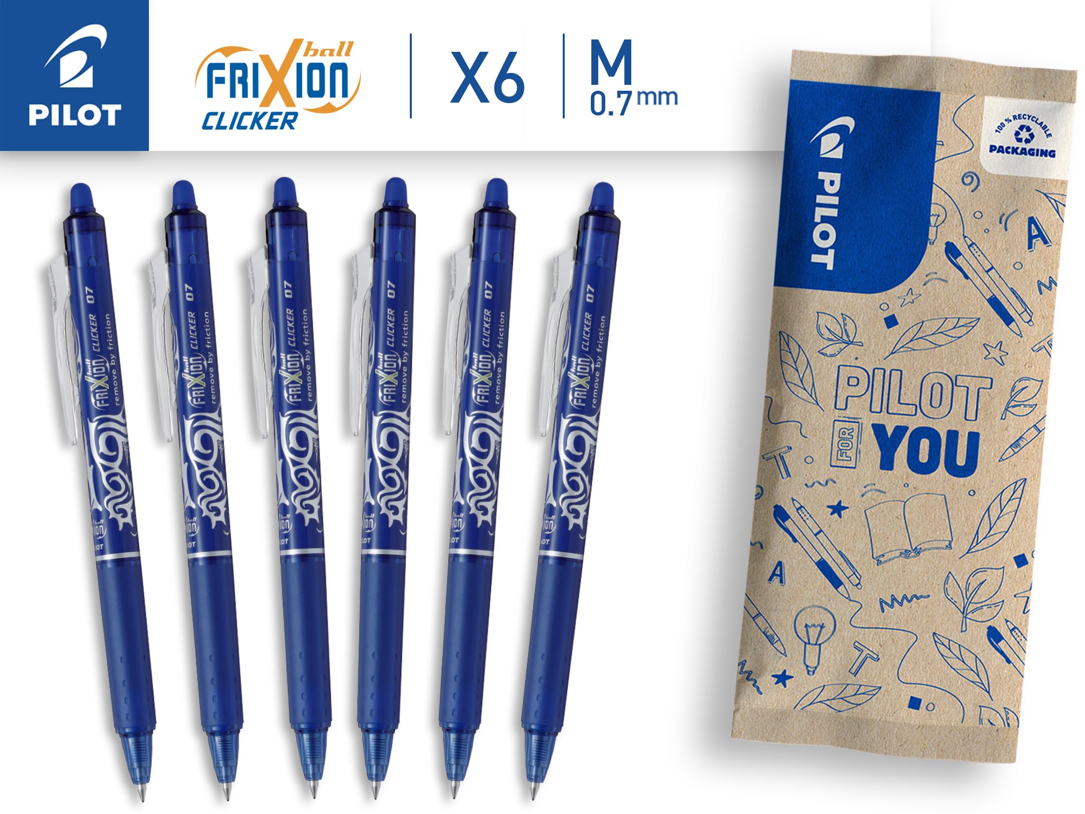 pilot-frixion-ball-clicker-07-penna-roller-cancellabile-blu-set-6-pezzi image 2