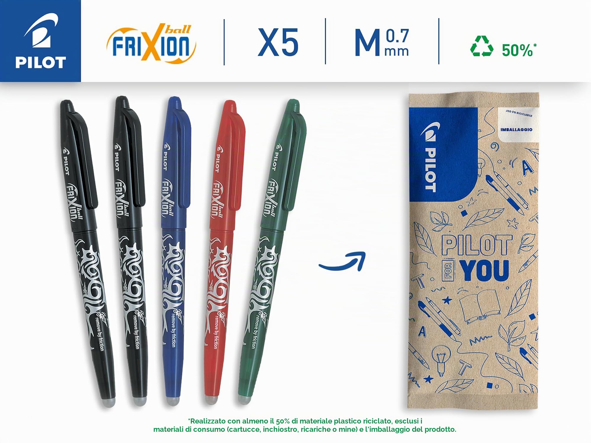 pilot-frixion-ball-07-penna-cancellabile-ricaricabile-set-5-pezzi-nero-blu-rosso image 2