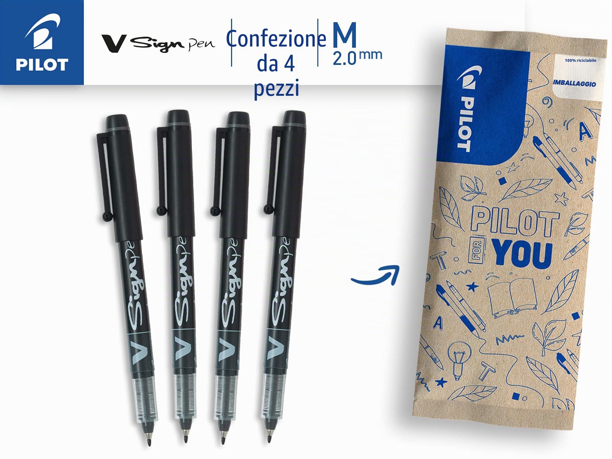 pilot-v-sign-pen-pennarello-inchiostro-liquido-nero-punta-2-mm-set-4-pezzi image 2
