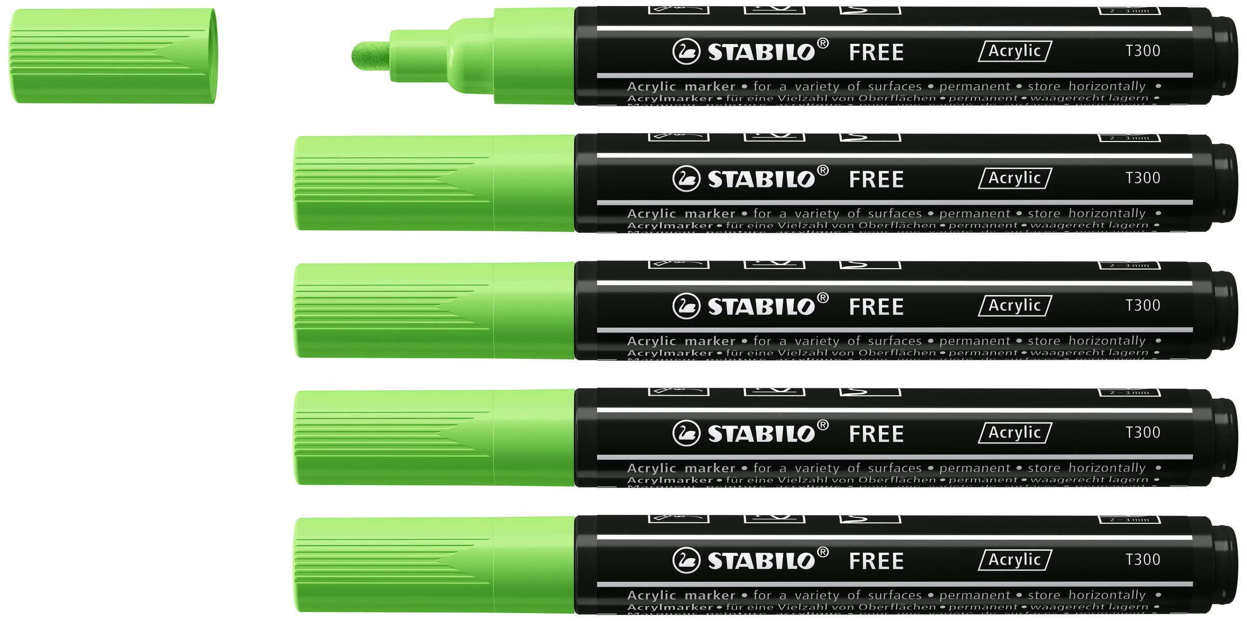 stabilo-free-acrylic-t300-verde-chiaro-2-3-mm-marker-acrilici-confezione-5-pezzi image 1