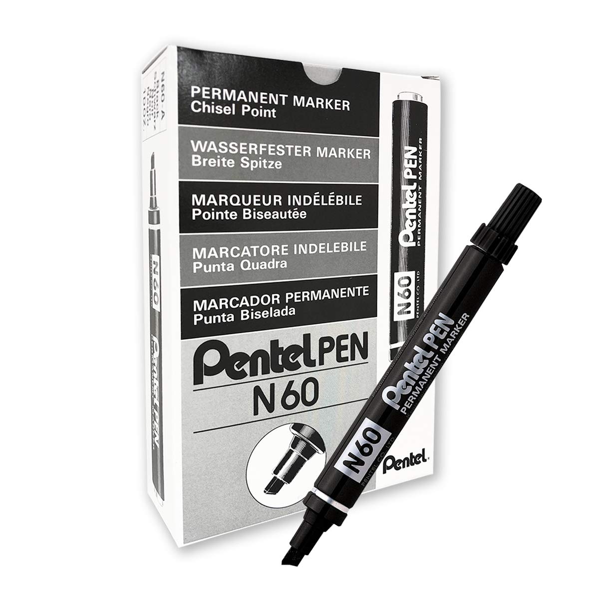 pentel-pen-n60-marcatore-permanente-punta-scalpello-nero-12-pezzi image 7
