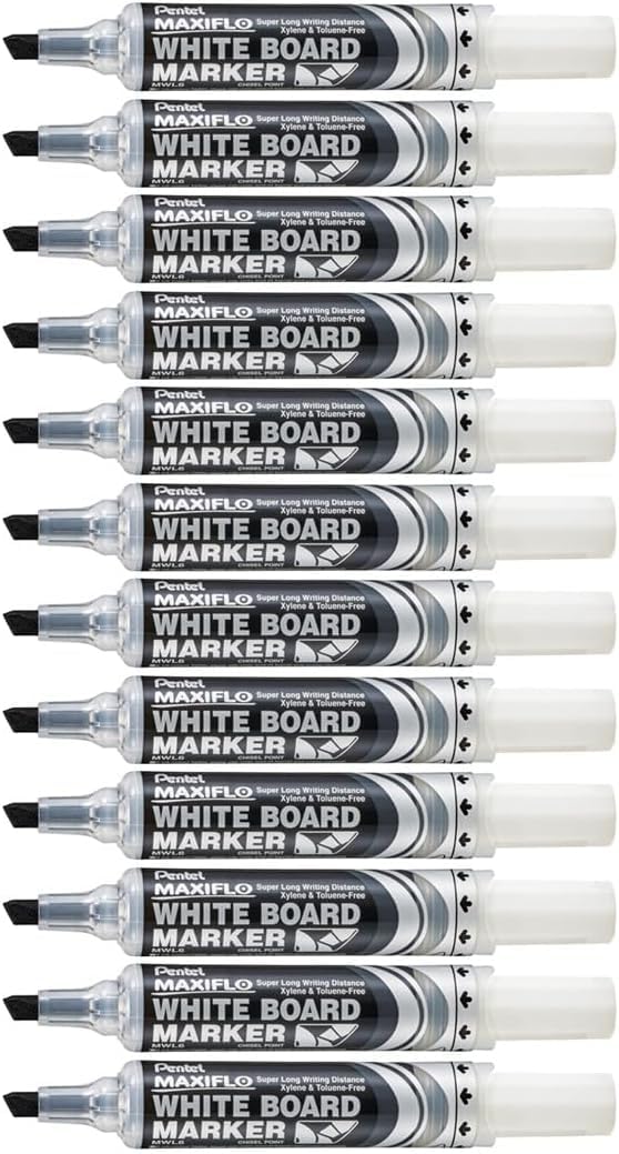 pentel-mwl6-maxiflo-marcatore-lavagna-bianca-punta-scalpello-nero-12-pz image 1