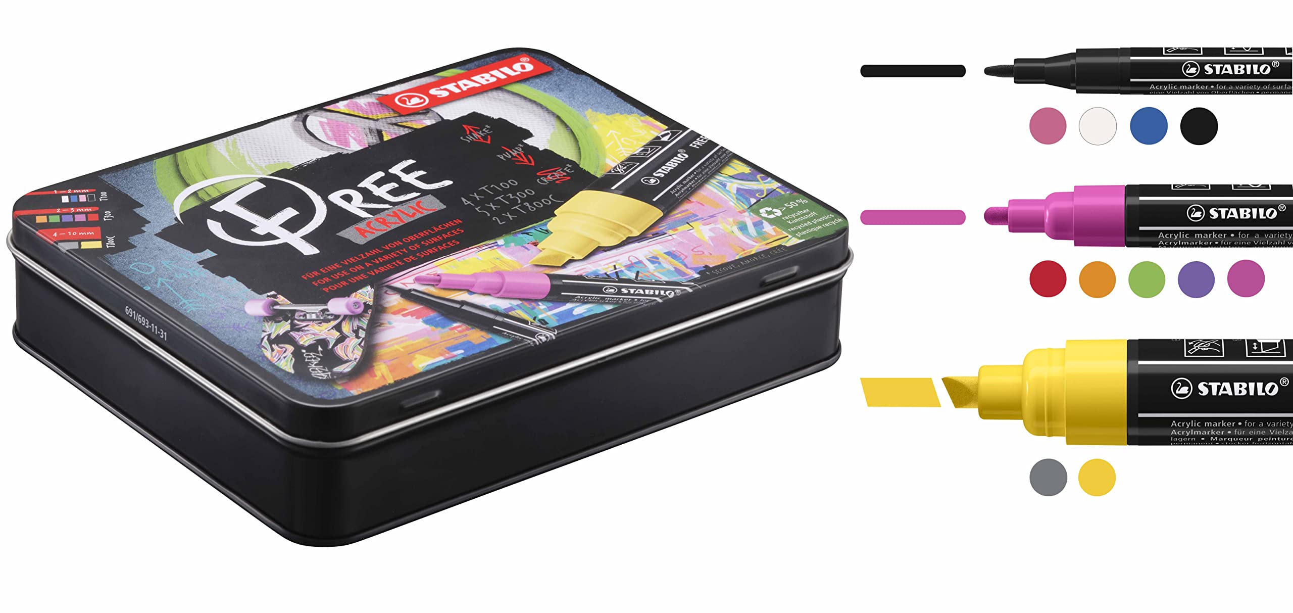 stabilo-free-acrylic-starter-set-marker-acrilico-11-pezzi-4x-t100-5x-t300-2x-t80 image 1