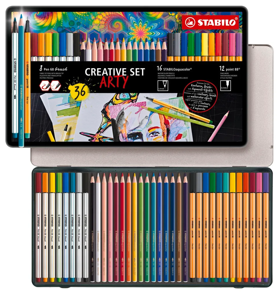 stabilo-arty-creative-set-scatola-metallo-36-pezzi-point-88-pen-68-brush-aquacol image 1
