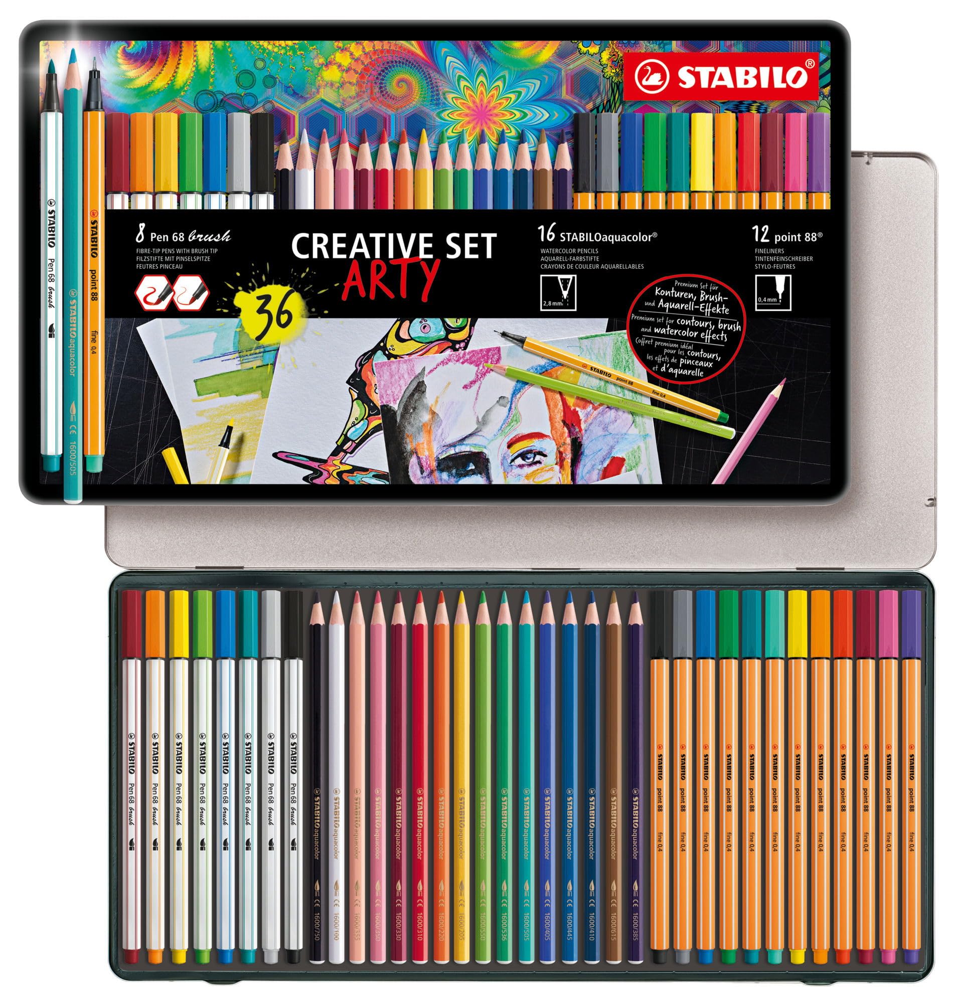 stabilo-arty-creative-set-scatola-metallo-36-pezzi-point-88-pen-68-brush-aquacol image 1