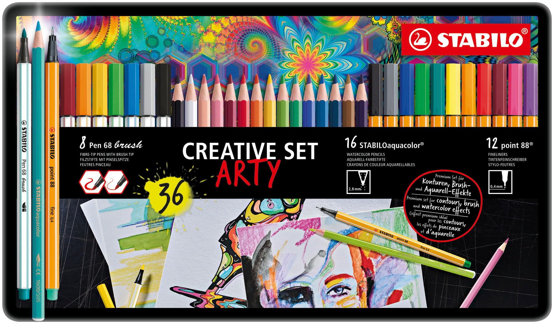 stabilo-arty-creative-set-scatola-metallo-36-pezzi-point-88-pen-68-brush-aquacol image 2